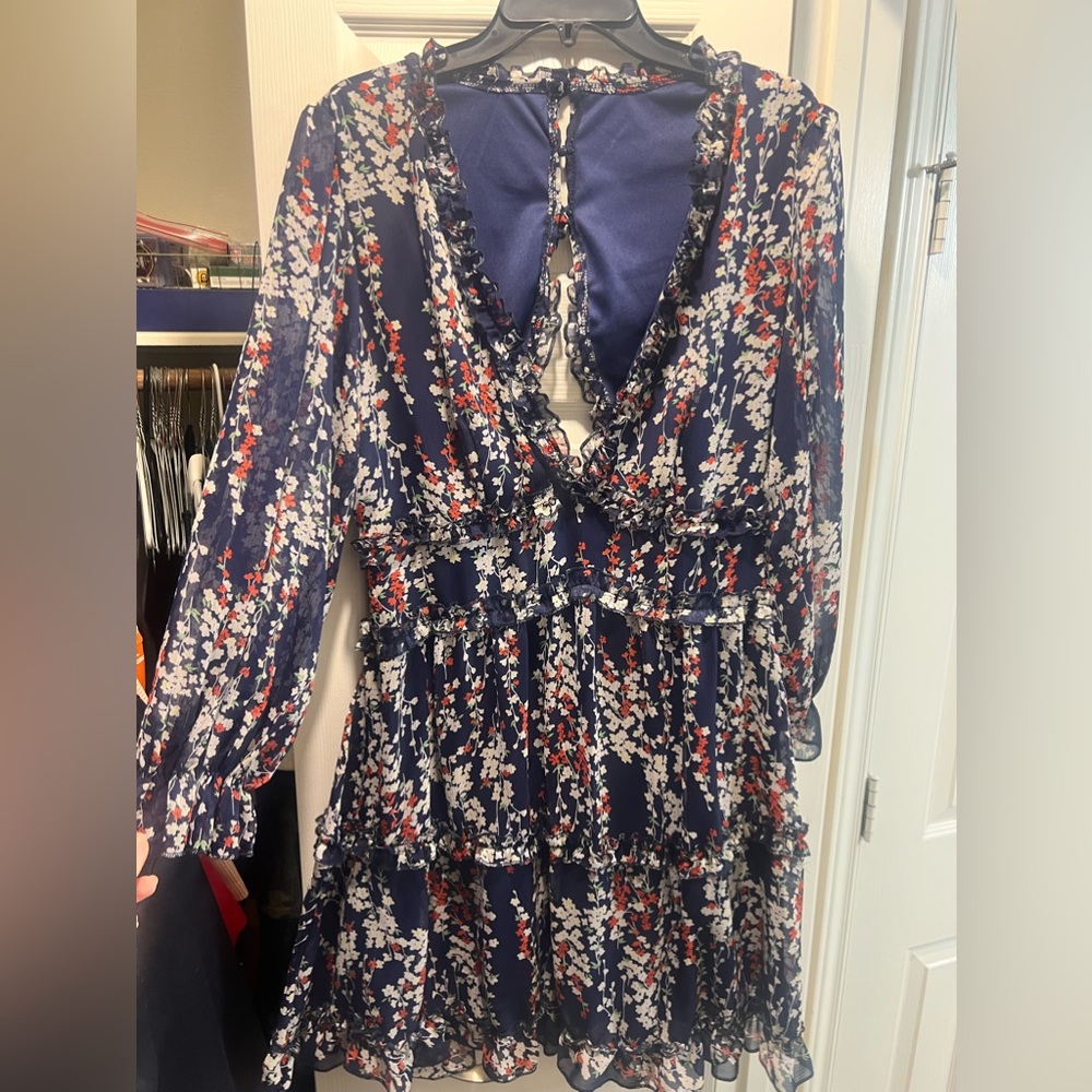 Women's Deep V Neck Cut-Out Back Sheer Long Sleeve Floral Mini Dress